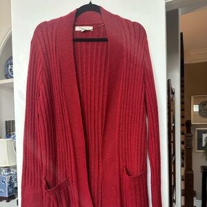 LOFT Red Ribbed Cardigan open front with pockets